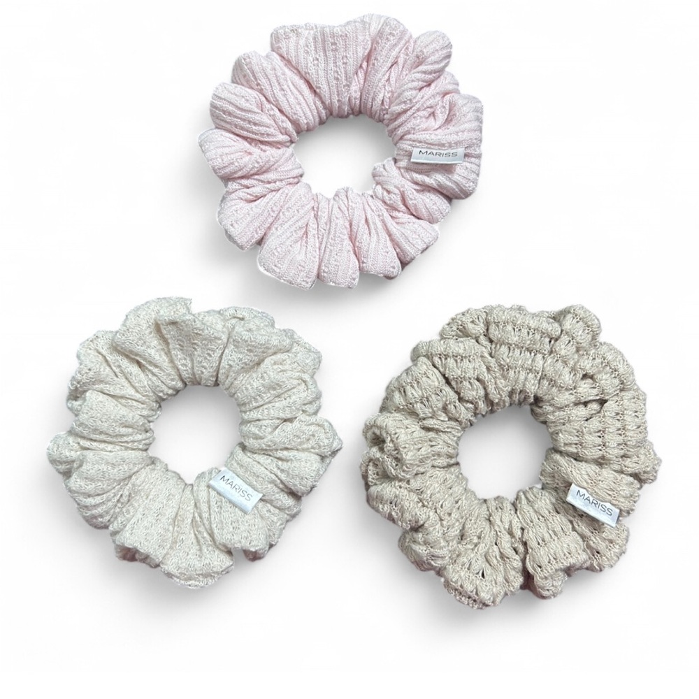 MARISS Set Of 3 Handmade Scrunchies In Pink Bage & Creme W/Elastic For 2-3 Turns